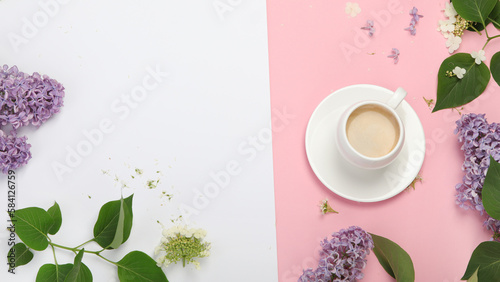 Composition with cup of coffee on color background.