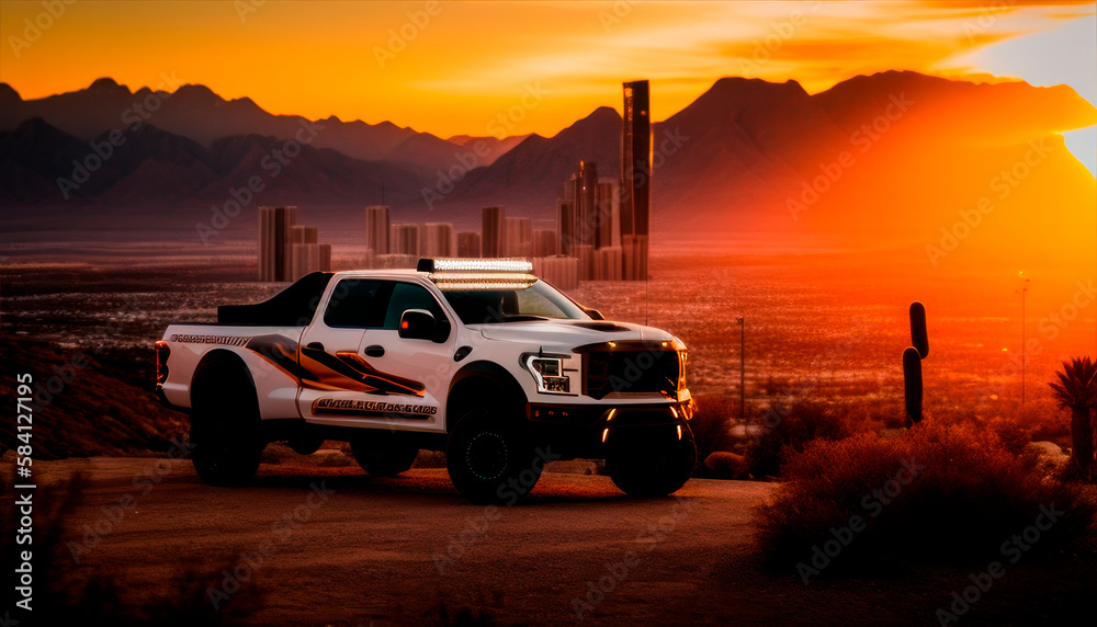Most Extreme Production Truck On The Planet standing on the road at sunset. Generative AI