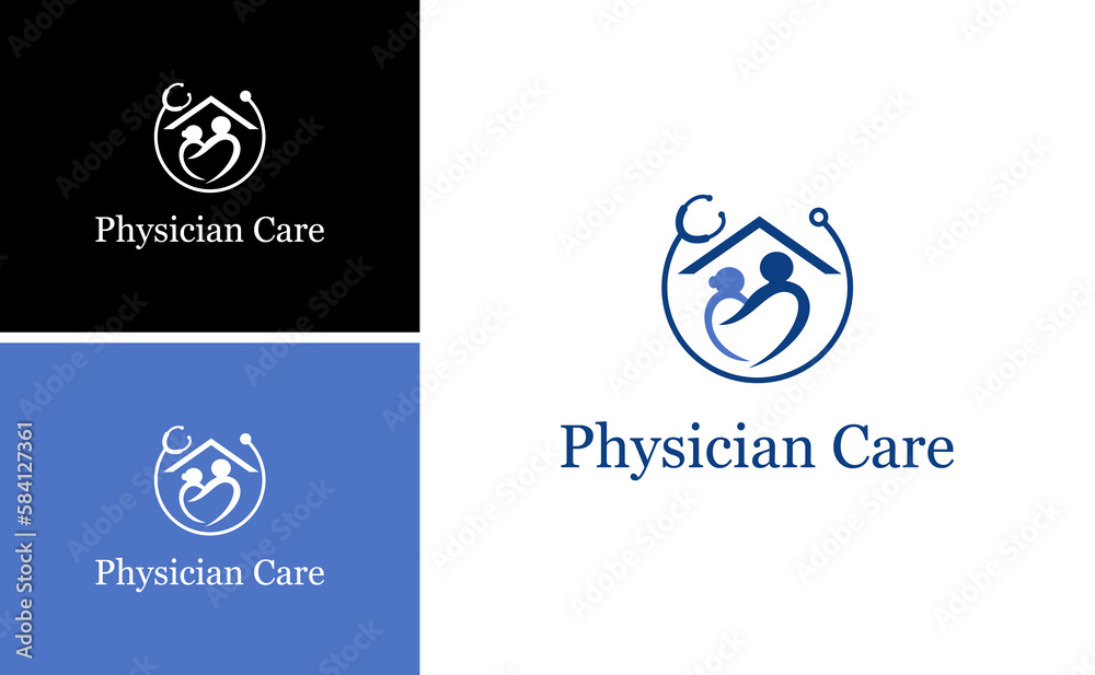 physician care logo with stethoscope icon vector template