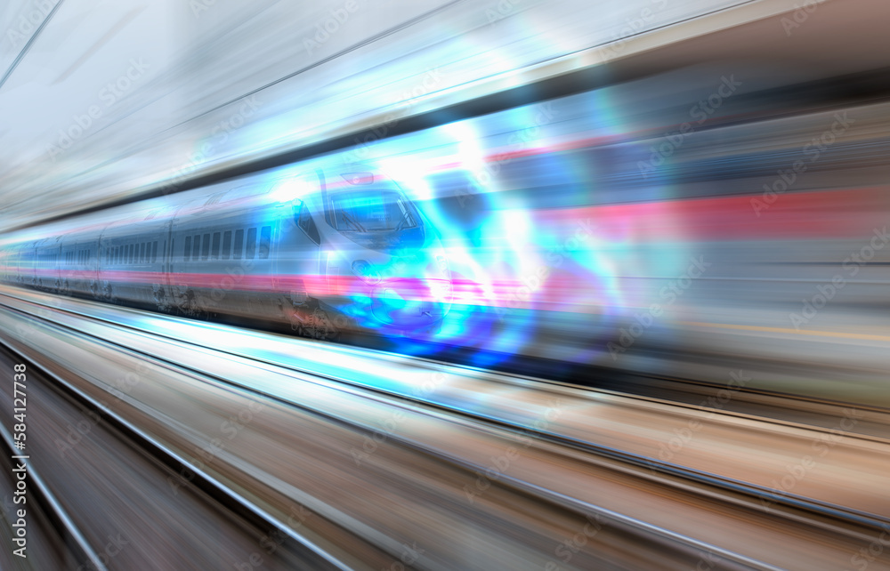 High speed train runs on rail tracks - Train in motion High speed train runs on rail tracks - Train in motion