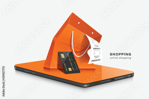 Paper receipts labeled special offer overflow from an orange shopping bag and black credit card leaning against shopping bag and all place on smartphone screen