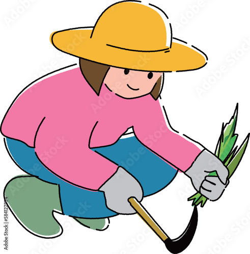 草刈りをする女性　手描き風