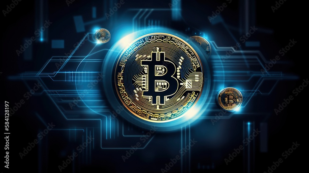 bitcoin gold coins with sign on top, crypto technology network lines copy space wallpaper, generative ai 