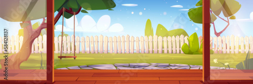 Cartoon backyard view from open glass door on wooden patio. Vector illustration of house porch, home garden with green grass and tree swing, stone footpath, wooden fence under blue sky. Summer area
