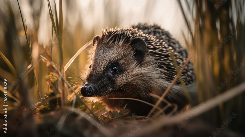 Fototapeta premium A hedgehog runs through the tall grass.A hedgehog runs through the tall grass