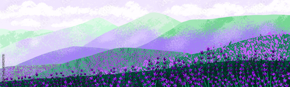 Obraz premium Lavender field on hills, nature landscape background. Purple floral plants blooming on meadow. Blossomed violet lavanders, countryside panorama scenery, wild gentle flora. Flat vector illustration