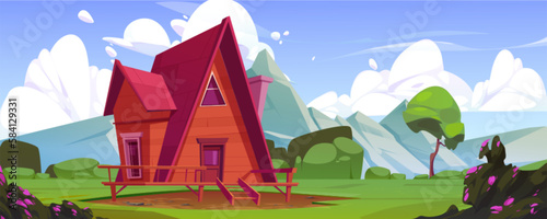 Cozy wooden cottage near mountain view. Vector cartoon illustration of beautiful natural landscape, glamping hut with terrace or balcony, green hill and plants in valley. Recreation scene