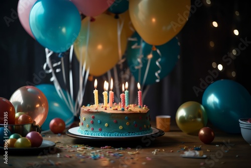 birthday cake with candles and balloons made with generative ai