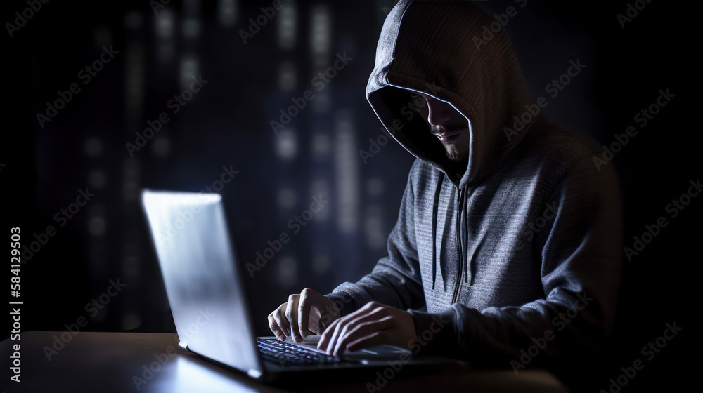 Data theft represented by a man in a hood sitting at a loptop.Data theft represented by a man in a hood sitting at a loptop Data theft represented by a man in a hood sitting at a loptop.Data theft represented by a man in a hood sitting at a loptop