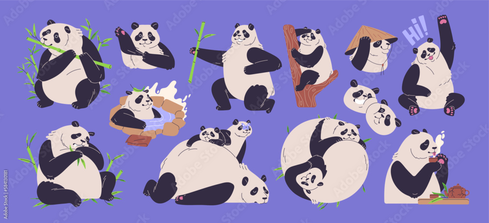 Cute pandas set. Funny Asian bears. Wild Chinese animal eating bamboo, sitting on tree branch, lying, relaxing. Jungle, Asia zoo characters, giant and little babies. Flat vector illustration