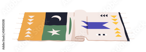 Rug, mat with pattern, tassels, fringe. Modern floor decoration, carpet design with Turkish ornament, rectangle shape, oriental style. Flat graphic vector illustration isolated on white background