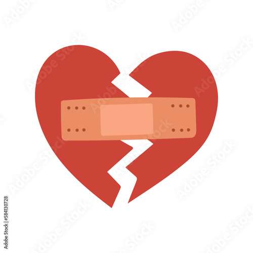Reconciliation concept. Cupid couple reconciles, broken heart with patch. Restore love. Abstract vector flat design.