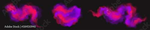 Set of magic smoke clouds isolated on black background. Vector illustration of realistic rainbow dust or steam effect, abstract mist with pink and purple gradient. Color paint explosion. Holi festival