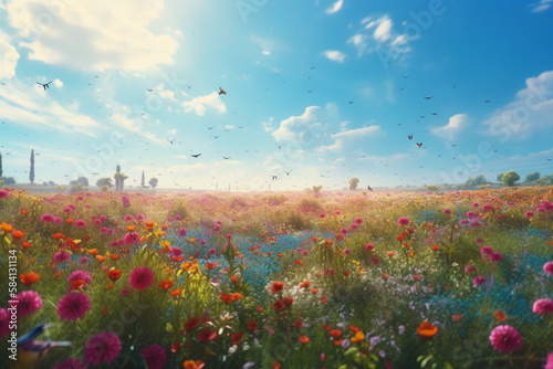 flowery field during the day  with butterflies flying around and birds in the background  Generative AI