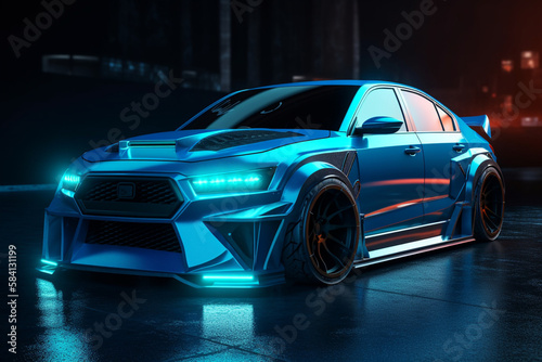 car tuned for street racing, with neon lights, Generative AI © scrawled soul