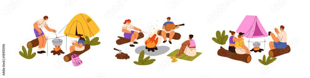 Outdoor camping set. Campers with tents, bonfire, cooking, relaxing, playing guitar, singing songs. Tourists at campfire on summer vacation. Flat vector illustrations isolated on white background - obrazy, fototapety, plakaty 