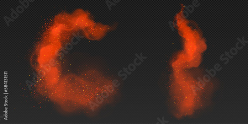 Realistic set of red dust clouds isolated on transparent background. Vector illustration of chili pepper seasoning powder, dry paint splatter texture with shimmering particles, rocket launch trail