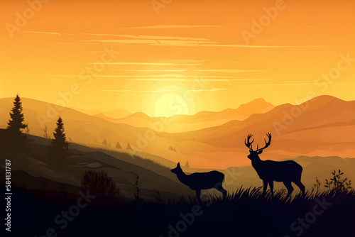 A stag on mountains view at sunset