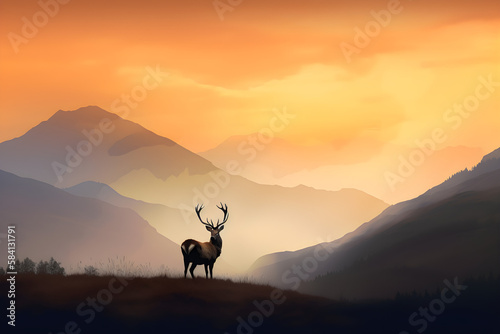 A stag on mountains view at sunset © yusup_ipunk