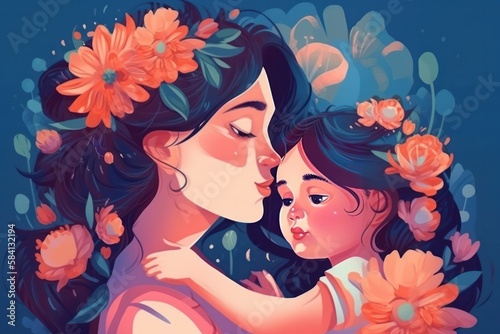 Mother's Day concept. Two girls in love with flowers. Retro style. Generative Ai