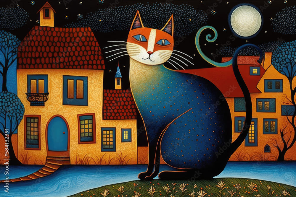 Fototapeta A blue and orange cat in front of small yellow houses in the moonlight, naive art drawing, generative ai illustration
