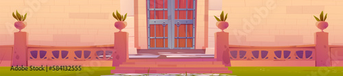 Castle, palace or vintage medieval building entrance with wooden doors and terrace with marble balustrade and flowers. Ancient house facade with gates and brick wall, vector cartoon illustration