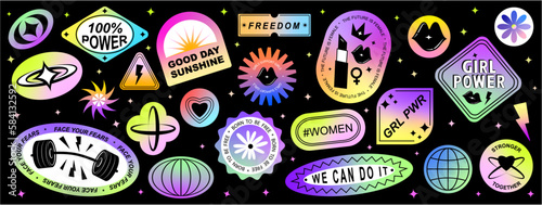 Set Collection of elements patches, labels, tags, stickers, and stamps.  Self-love, girl power, female, feminist, girls support girls. Vector set, trendy