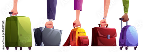 Man and woman hand hold travel suitcase vector set on white background. Business case and briefcase luggage with handle. Collection of tourist arm holding baggage with wheel before abroad trip.