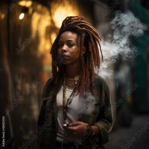 Portrait of a dreadlock black woman using vaporizer in the city. Generative AI.