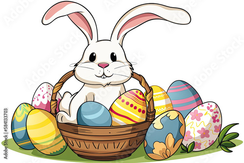 Cartoon Easter bunny and colorful Easter eggs, 