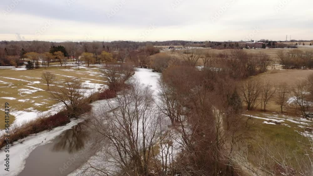 Spring in the Midwest.  Aerial view of an american neighborhood. Small town, houses from above.