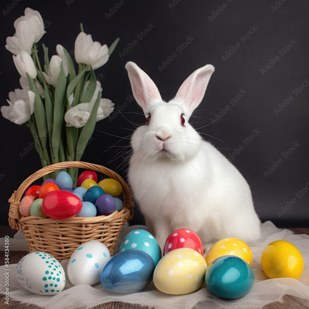 Easter bunny and colorful Easter eggs, 