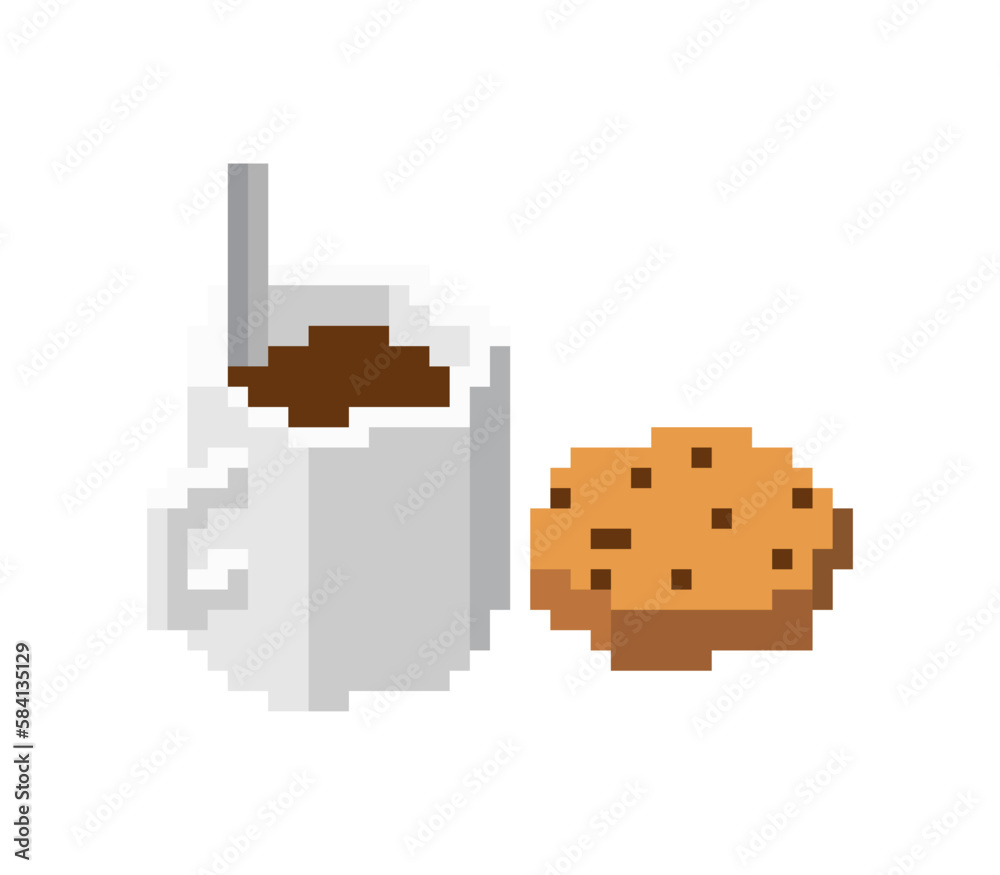 Cup of coffee and cookies pixel art. 8 bit food