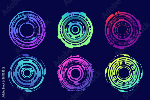 HUD futuristic elements. Abstract optical neon aim. Circle geometric shapes for virtual interface and games. Camera viewfinder for sniper weapon. Vector set