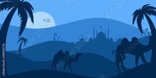 Eid mubarak illustration with mosque silhouette and starlight, moon and camel, eid greeting banner, Invitation Template, social media, etc. Eid mubarak themed flat vector illustration.