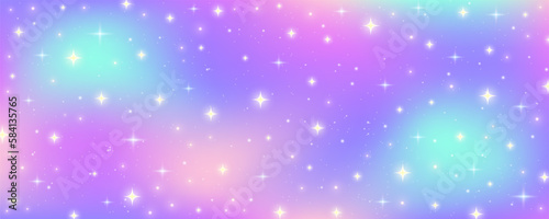 Rainbow pastel background. Unicorn sky with glittering sky. Candy galaxy with watercolor light texture. Girly cute magic wallpaper. Holographic vector abstract illustration.