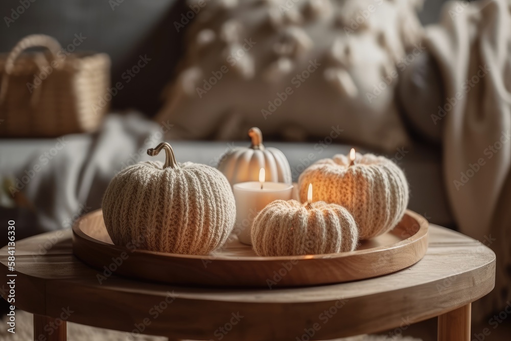 Still life. Knitted pumpkin, pampas grass, pumpkin shaped candles, and white porcelain pumpkins on a wooden tray on a living room coffee table. Autumn theme. Generative AI