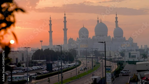 Sheikh Zayed Grand Mosque. The Grand Mosque was constructed between 1994 and 2007 and was inaugurated in December 2007. 4k video made at sunrise in March 2023 in Abu Dhabi, United Arab Emirates.