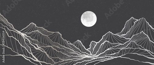 Mountain landscape illustration. Hand drawn style of creative minimalist modern line art print. Abstract contemporary aesthetic background landscape. with Mountains, hills, moonlight