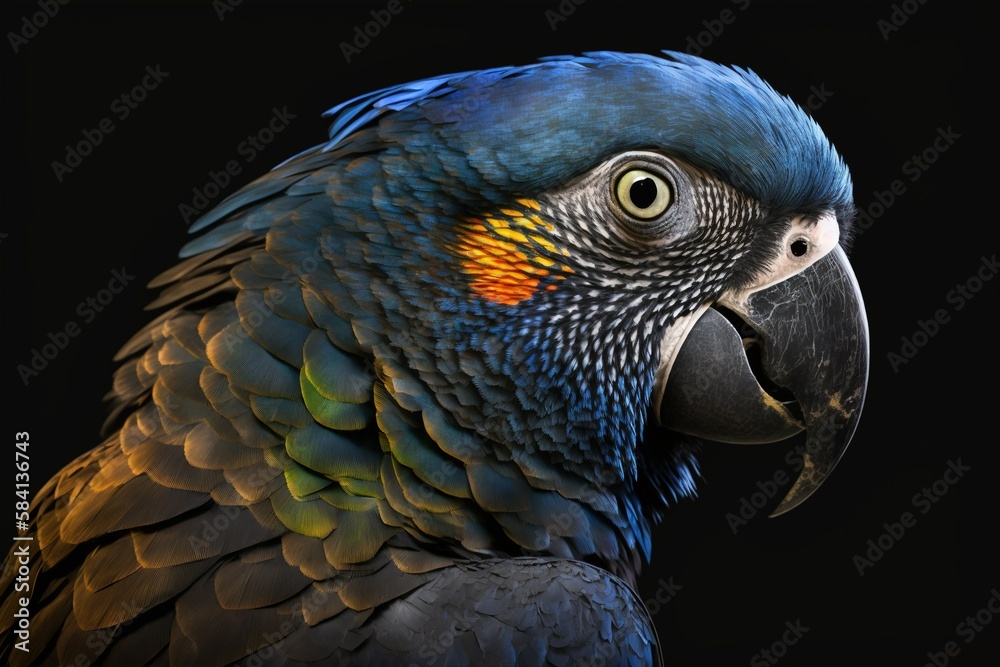 Fototapeta premium parrot with multicolored plumage isolated on a deep black background that highlights its exuberant plumage of vibrant tones