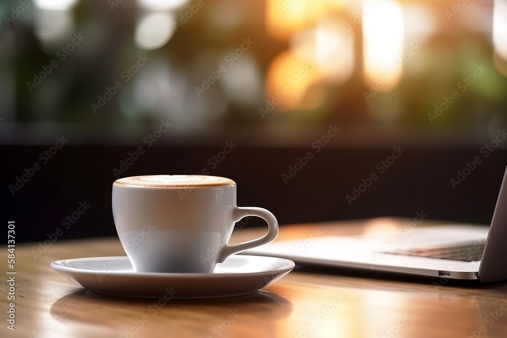 Obraz premium Coffee Shop Lifestyle. Laptop and Coffee Cup Close Up on Blurred Cafe Table Background 