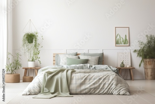 Bedroom mockup with bed, green plaid, cushions, and plants on white wall. Generative AI © AkuAku