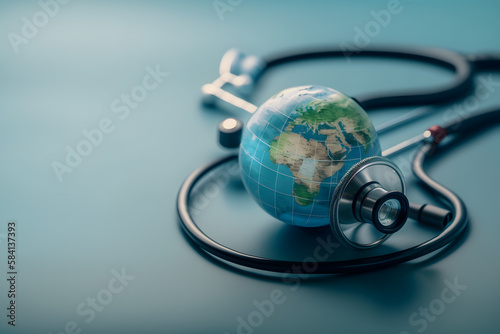 Selective focus of stethoscope connected with globe on blue background, world health day concept made with Generative AI