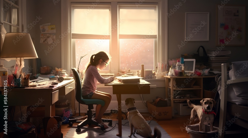 kid child doing homework in bedroom at sunrise morning with lovely pet dog animal best friend stay together, image ai generate