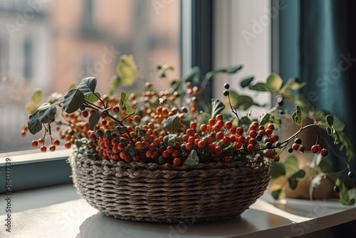 Boho chic apartment décor. Vertical image of cotoneaster or winterberry shrub in wicker basket on living room windowsill. Christmas decorations and evergreen plants. Generative AI photo