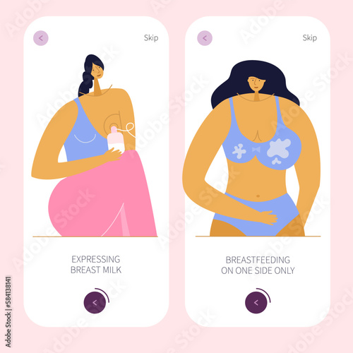 The UI UX design apps with women has one sided breastfeeding and new mom is pumping  milk used breast pump for newborn baby. They have got a lot of milk and good lactation.