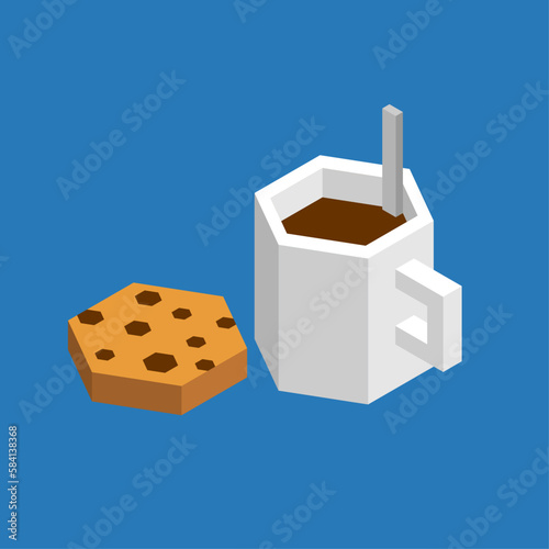 Cup of coffee and cookies isometric style.