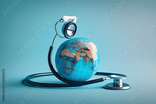 Selective focus of stethoscope connected with globe on blue background, world health day concept made with Generative AI photo