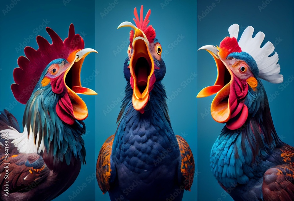 Three colorful poultry cartoons on a blue background a yelling rubber