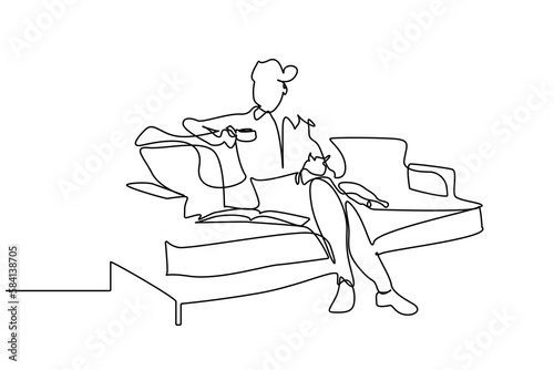 young woman reading magazine on sofa at home drinking coffee loves her cat lifestyle line art